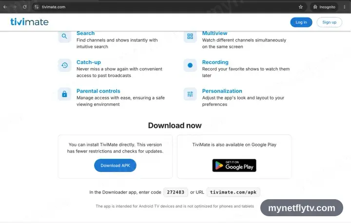 The TiviMate website scrolled down to the Google Play and Install APK download buttons