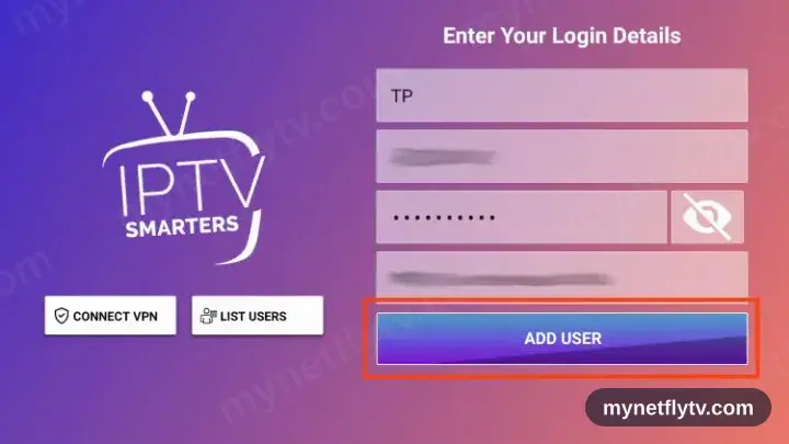 IPTV Smarters Pro Xtream Codes login form with username, password and server URL