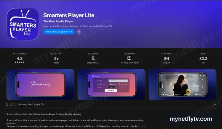 Smarters Player Lite on its App Store listing, showing iPhone, iPad and Apple TV support