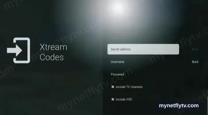 The TiviMate Xtream Codes form with the server URL, username and password fields