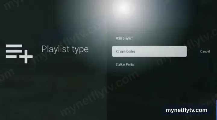 The TiviMate playlist type screen with the Xtream Codes option selected
