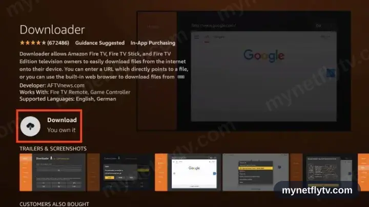 The Downloader app store page with the Download button highlighted