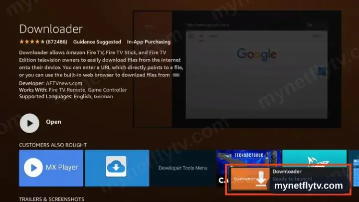The Downloader app page showing Open, meaning the install has finished