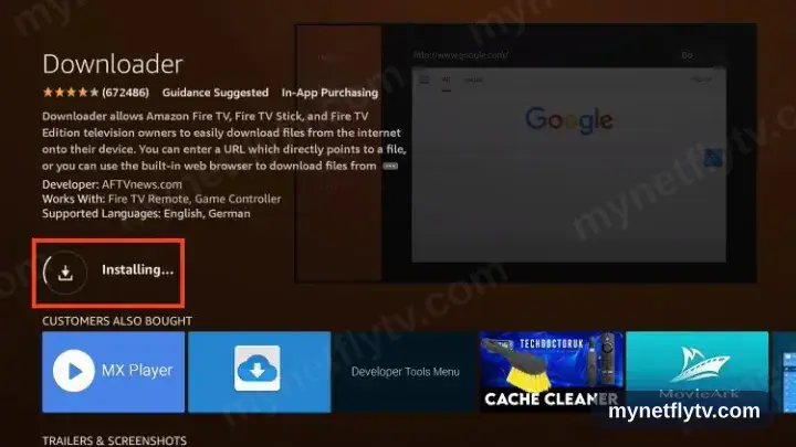 Downloader installing on the Firestick, with a progress indicator on screen