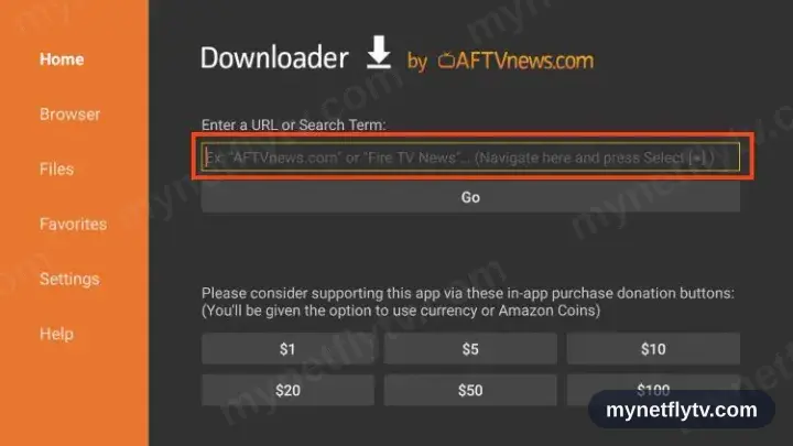 The Downloader app with the URL box selected on the Home tab