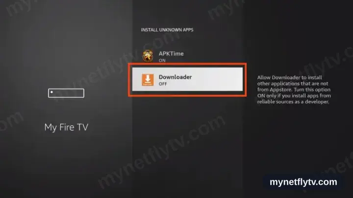 The app list with Downloader being switched on for installing unknown apps