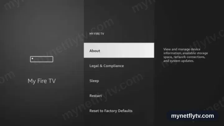 The My Fire TV menu with the About option selected