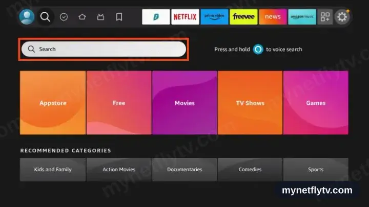 The Fire TV home screen with the search icon selected in the top left