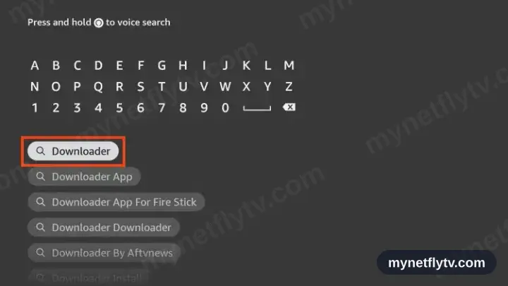 Typing the word Downloader into the Fire TV search box