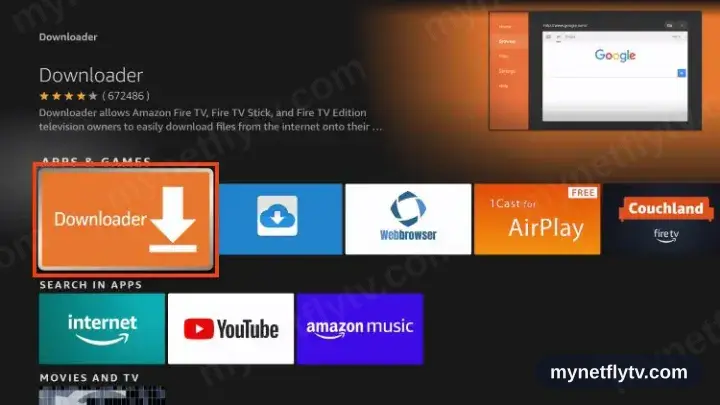 The orange Downloader app selected in the Fire TV search results