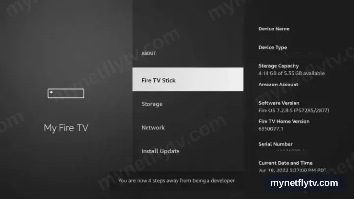 The message You are now a developer appearing on the Fire TV About screen