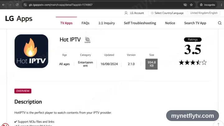 HotPlayer sur sa page du LG Content Store
