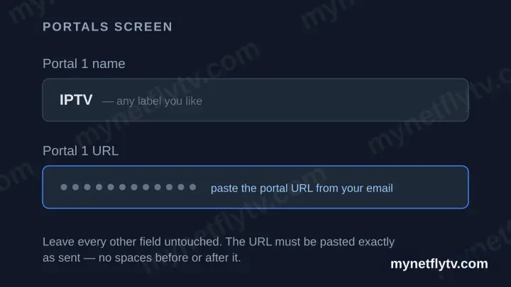 Diagram of the Portals screen showing the Portal 1 name field and the masked Portal 1 URL field.
