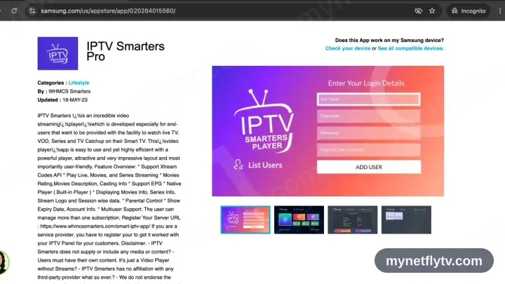IPTV Smarters Pro on its Samsung Apps store page