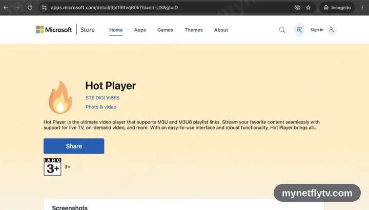 The Hot Player listing in the Microsoft Store